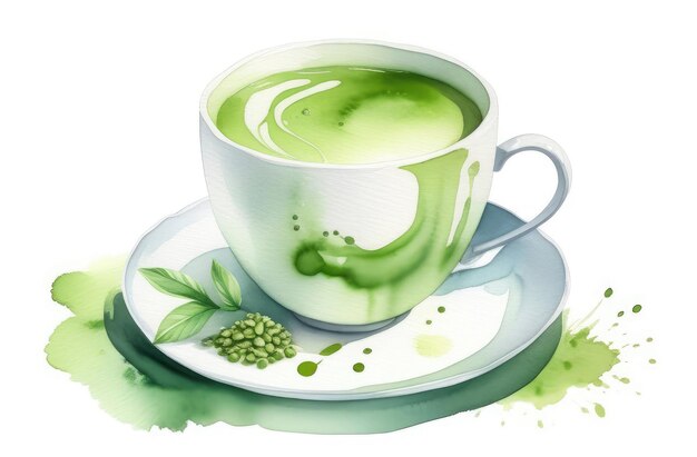 watercolor illustration of traditional Japanese green matcha tea in white cup on saucer