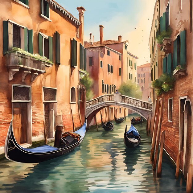 A watercolor illustration of the tranquil canals of Venice with gondolas gliding beneath arched br