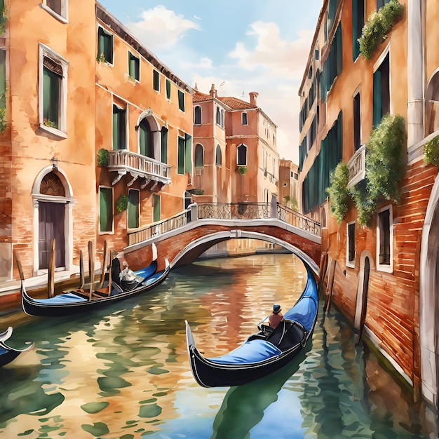 A watercolor illustration of the tranquil canals of Venice with gondolas gliding beneath arched br
