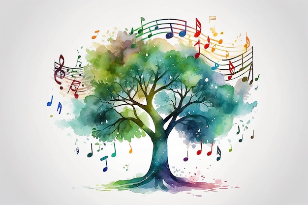 Foto illustrazione ad acquerello di un albero con note musicali per i media audio concetti e disegni note musicali albero musicale