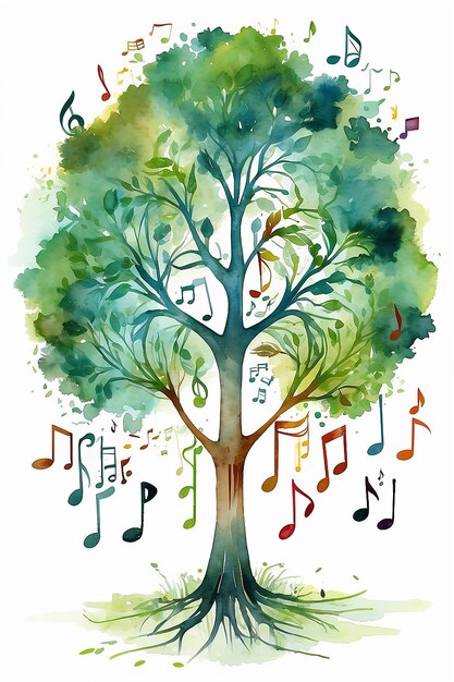 Foto illustrazione ad acquerello di un albero con note musicali per i media audio concetti e disegni note musicali albero musicale