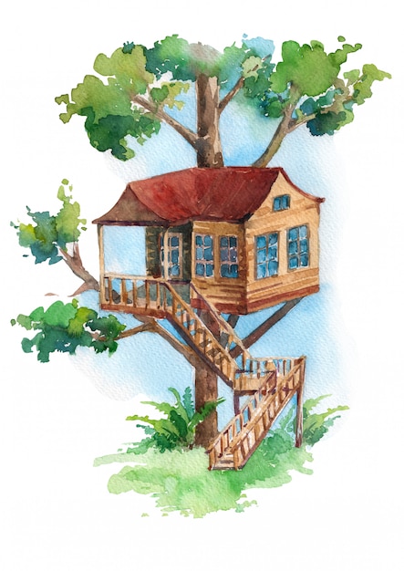 Photo a watercolor of an illustration of a treehouse