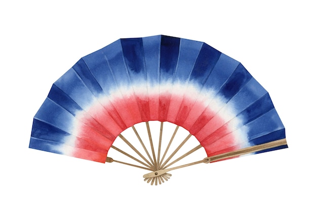 Watercolor illustration of a tricolor open paper fan with a wooden face guard and spokes