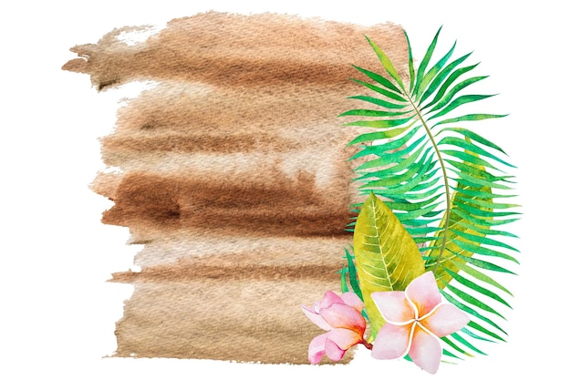 Watercolor illustration of the tropicstropical leaves and flowers on a colored background