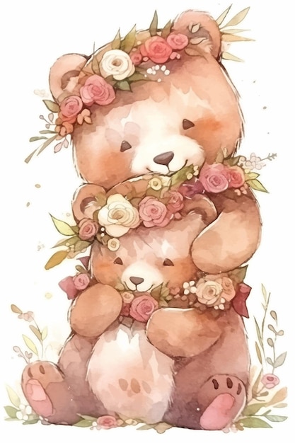 Watercolor illustration of two bears hugging each other.