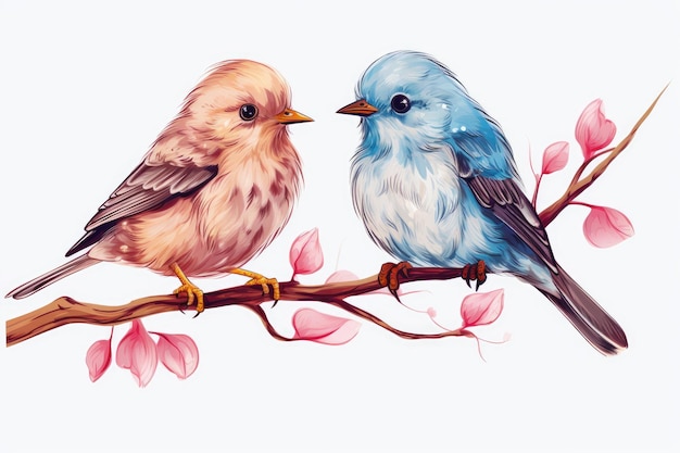 Watercolor illustration of two birds perched on a branch