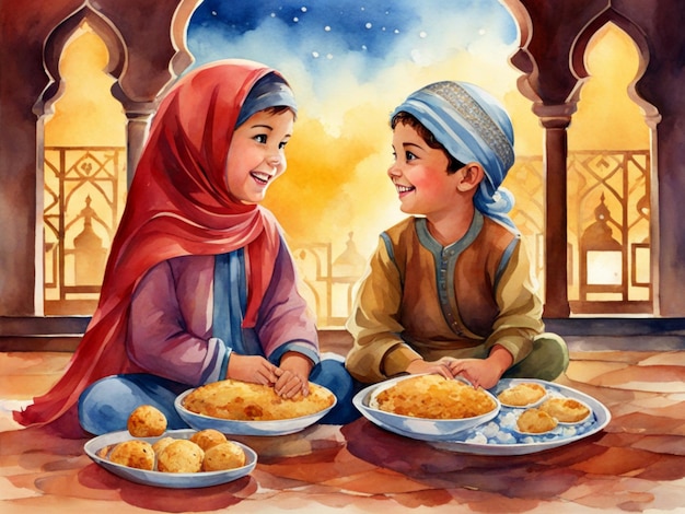 Акварельная иллюстрация двух веселых детей, празднующих Рамадан