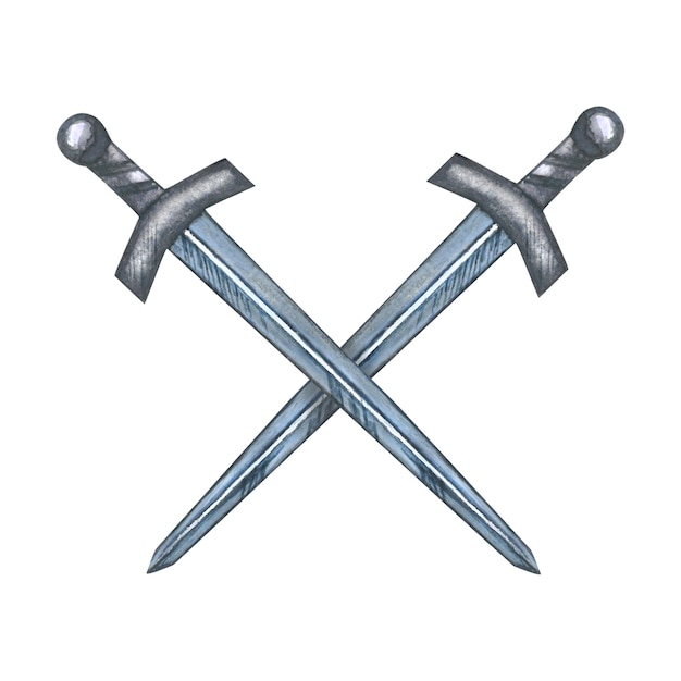 Watercolor illustration of two crossed swords isolated on white background