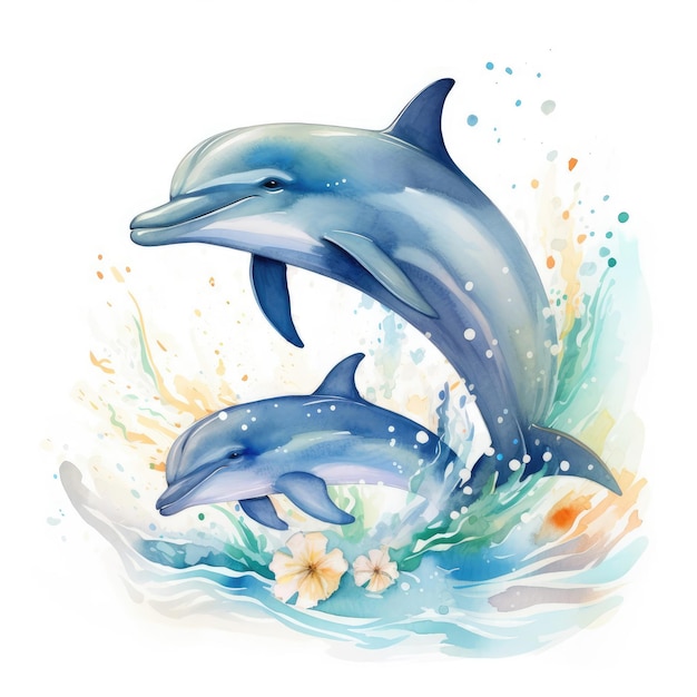 Watercolor Illustration of two dolphins jumping on the waves on a white background