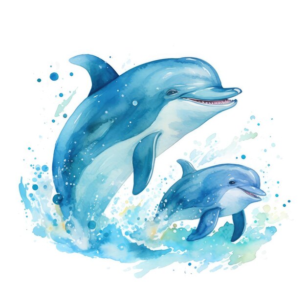 Watercolor Illustration of two dolphins jumping on the waves on a white background