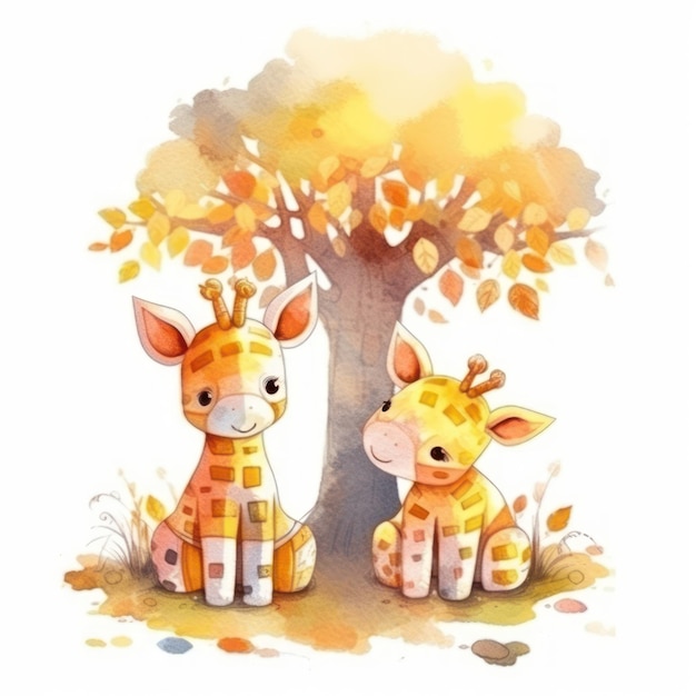 Watercolor illustration of two giraffes under a tree