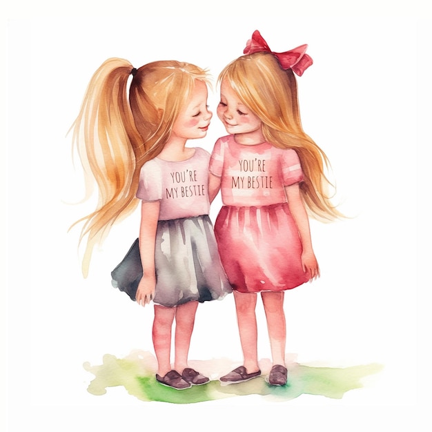 A watercolor illustration of two girls wearing shirts that say you're my heart brother.