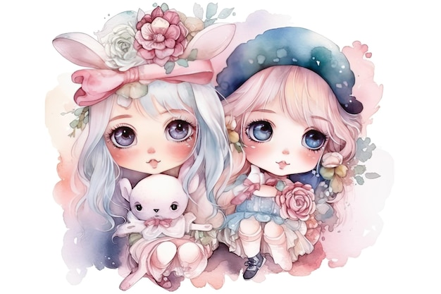 A watercolor illustration of two girls with a bunny on the head.