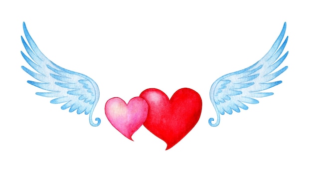 Watercolor illustration of two hearts pink and red with angel wings