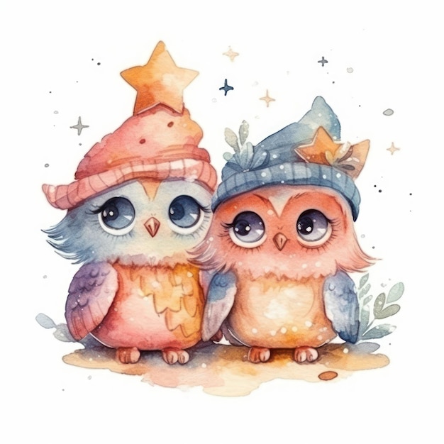 Watercolor illustration of two owls with hats and a star.