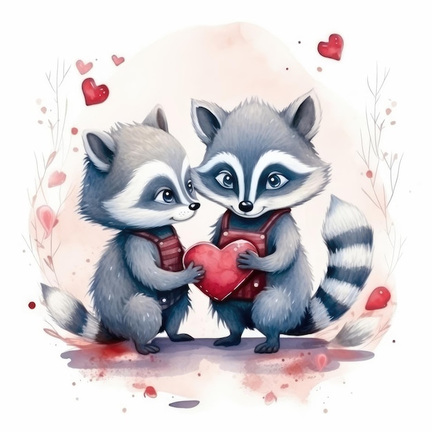 Watercolor Illustration of two raccoons in love looking at each other on a white background