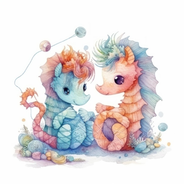 A watercolor illustration of two seahorses.