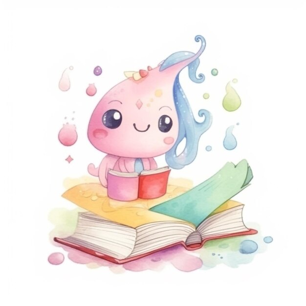 Watercolor illustration of a unicorn with a book and rainbow hair.