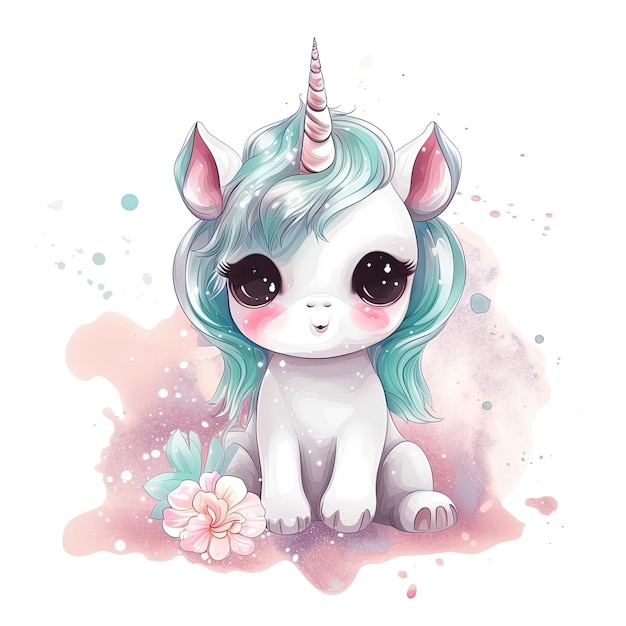 Watercolor illustration of a unicorn with a flower