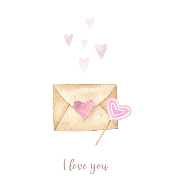 Watercolor illustration valentines day card i love you Isolated on white background Hand drawn