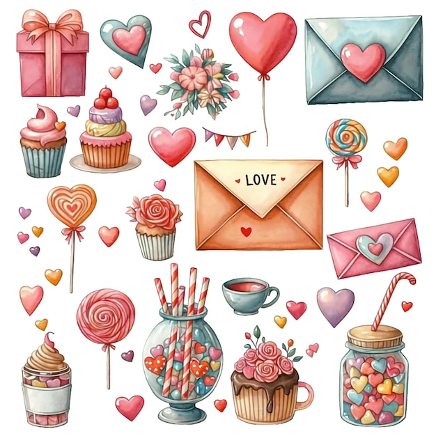 Photo watercolor illustration of valentines day items on white background generative ai