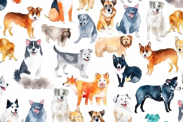 Watercolor illustration of a variety of dogs.