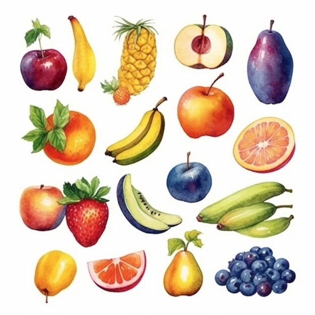 A watercolor illustration of a variety of fruits.