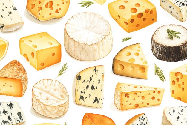 watercolor illustration of various types of cheese