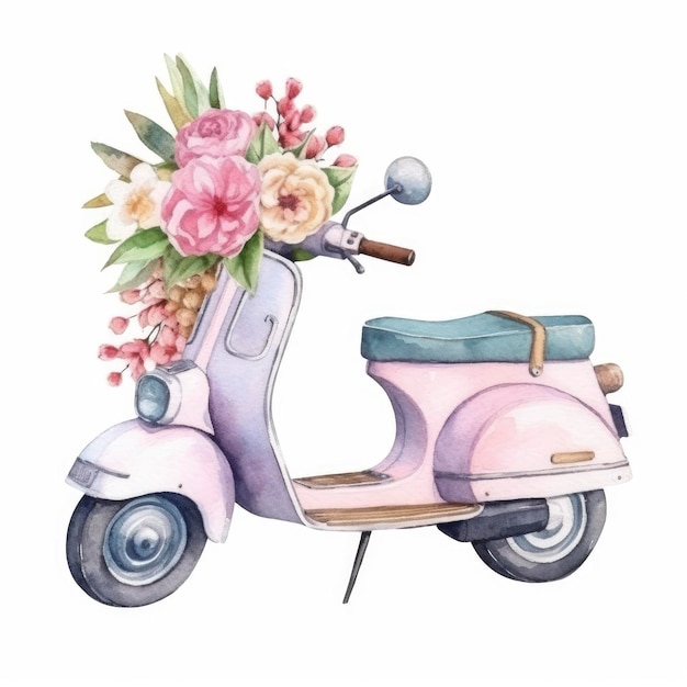 Watercolor illustration of a vespa with flowers
