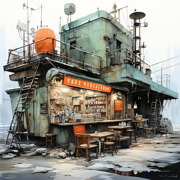 Photo watercolor illustration of a vintage cafe exterior an abandoned sovietera submarine cafe with rusted hulls