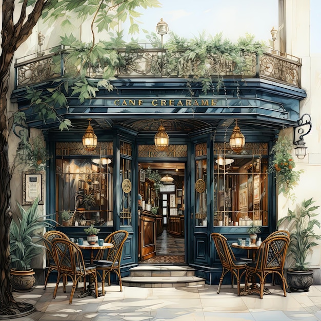 Watercolor illustration of a vintage cafe exterior An art decoinspired cafe with geometric patterns