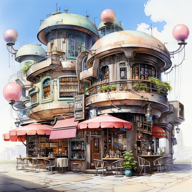 Watercolor illustration of a vintage cafe exterior a futuristic space bazaar cafe with floating platforms