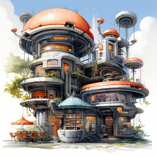 Watercolor illustration of a vintage cafe exterior a futuristic spaceport cafe with hovering spacecraft