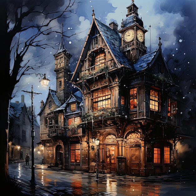 Watercolor illustration of a vintage cafe exterior A haunted Victorian clock tower cafe during a snowy winter night with ticking clocks