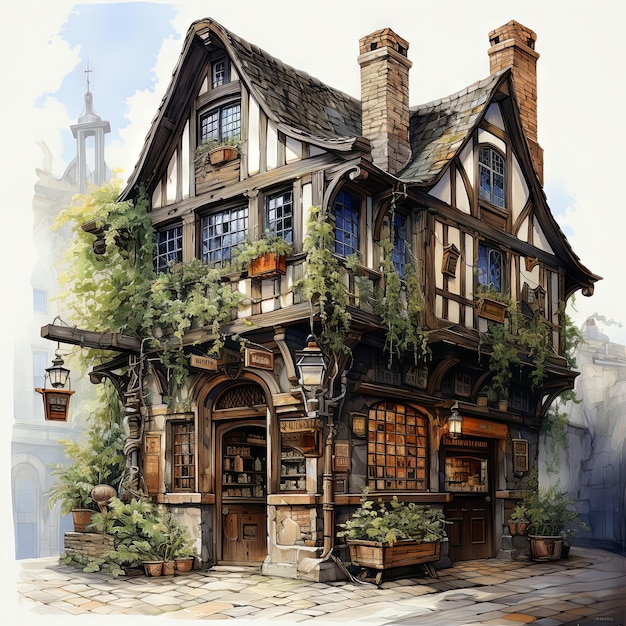 Watercolor illustration of a vintage cafe exterior A medieval alchemist's tower cafe with ancient symbols