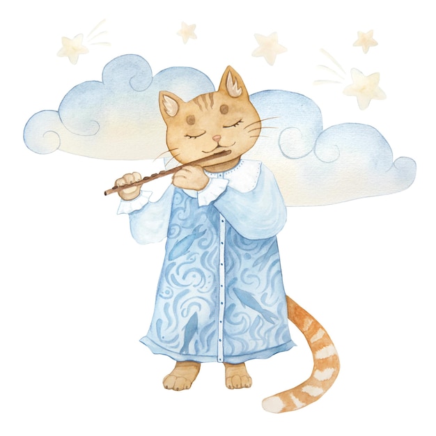 Watercolor illustration of vintage cute fairy tale cat with a flute isolated