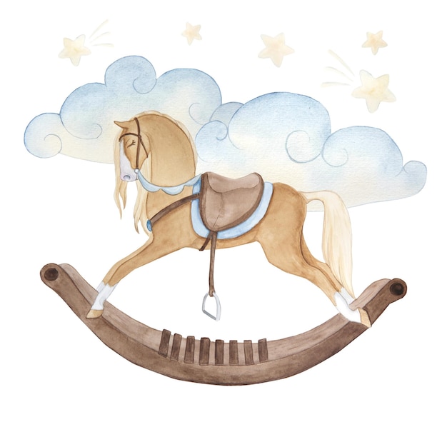 Watercolor illustration of vintage cute fairy tale childrens toy rocking horse stars clouds isolated