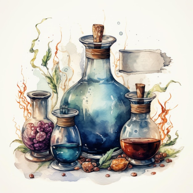 Watercolor illustration in vintage style Alchemy potions
