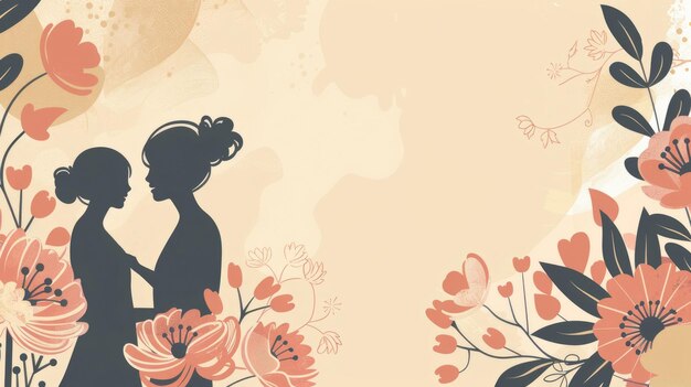 Photo watercolor illustration vintage style mothers day elegant silhouette of mother and daughter among flowers on a light background copy space place for text