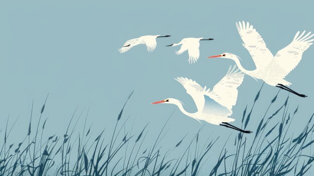 Photo watercolor illustration vintage style world migratory bird day flock of migratory white cranes on a blue background thickets of reeds copy space place for text