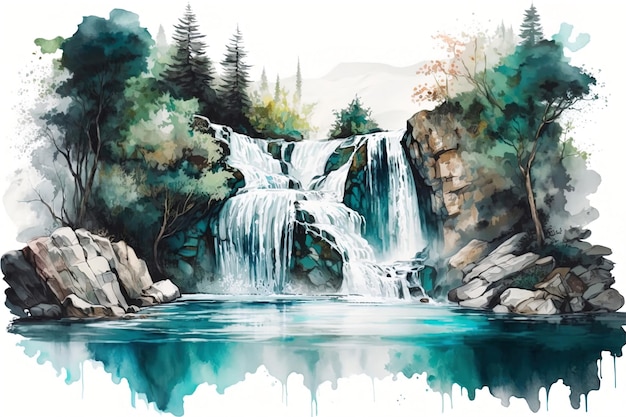 watercolor Illustration of a waterfall cascading into a clear pool