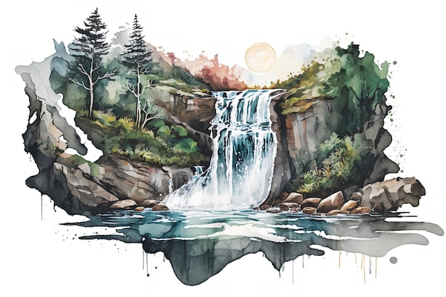 watercolor Illustration of a waterfall cascading into a clear pool