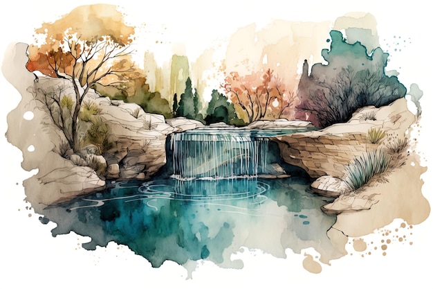 watercolor Illustration of a waterfall cascading into a clear pool