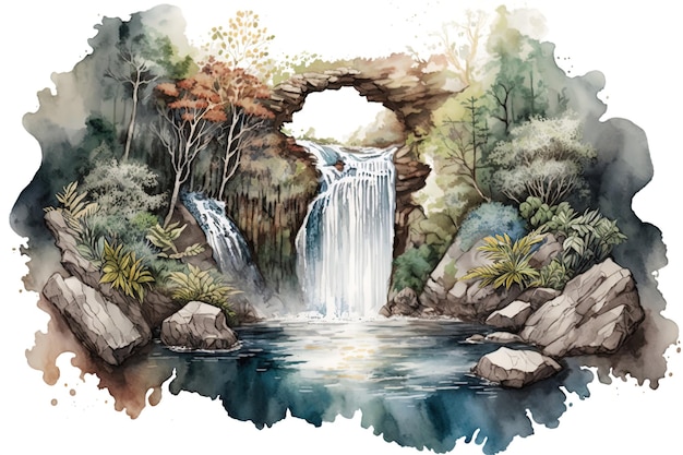 watercolor Illustration of a waterfall cascading into a clear pool