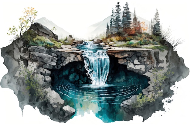 watercolor Illustration of a waterfall cascading into a clear pool