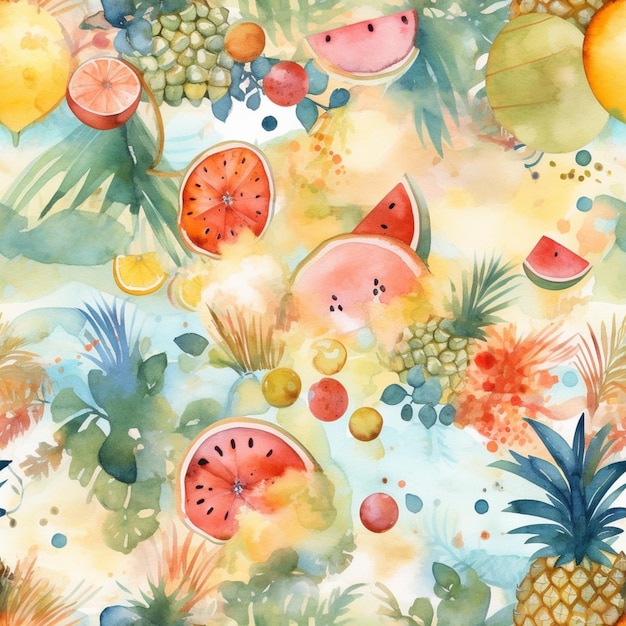 Watercolor illustration of a watermelon and pineapples