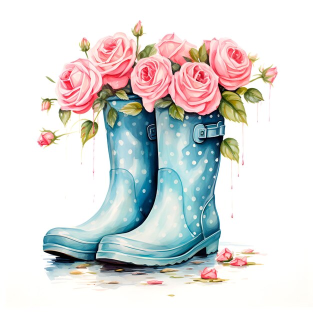 Watercolor illustration waterproof boots with roses isolated