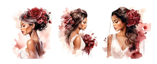 Watercolor illustration wedding bride african portrait red marsala