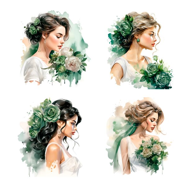 Watercolor illustration wedding bride portrait emerald green