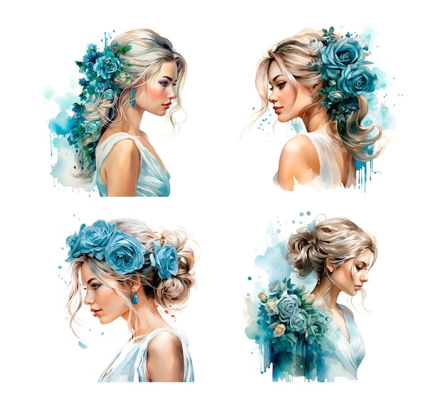 Watercolor illustration wedding bride portrait turquoise